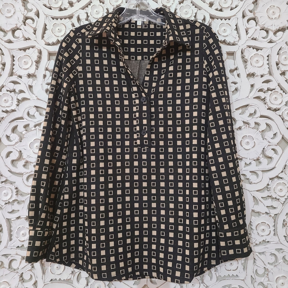 Tyler Boe Women's S Henley Collared Tunic Long Sleeve Oversized Geometric Print